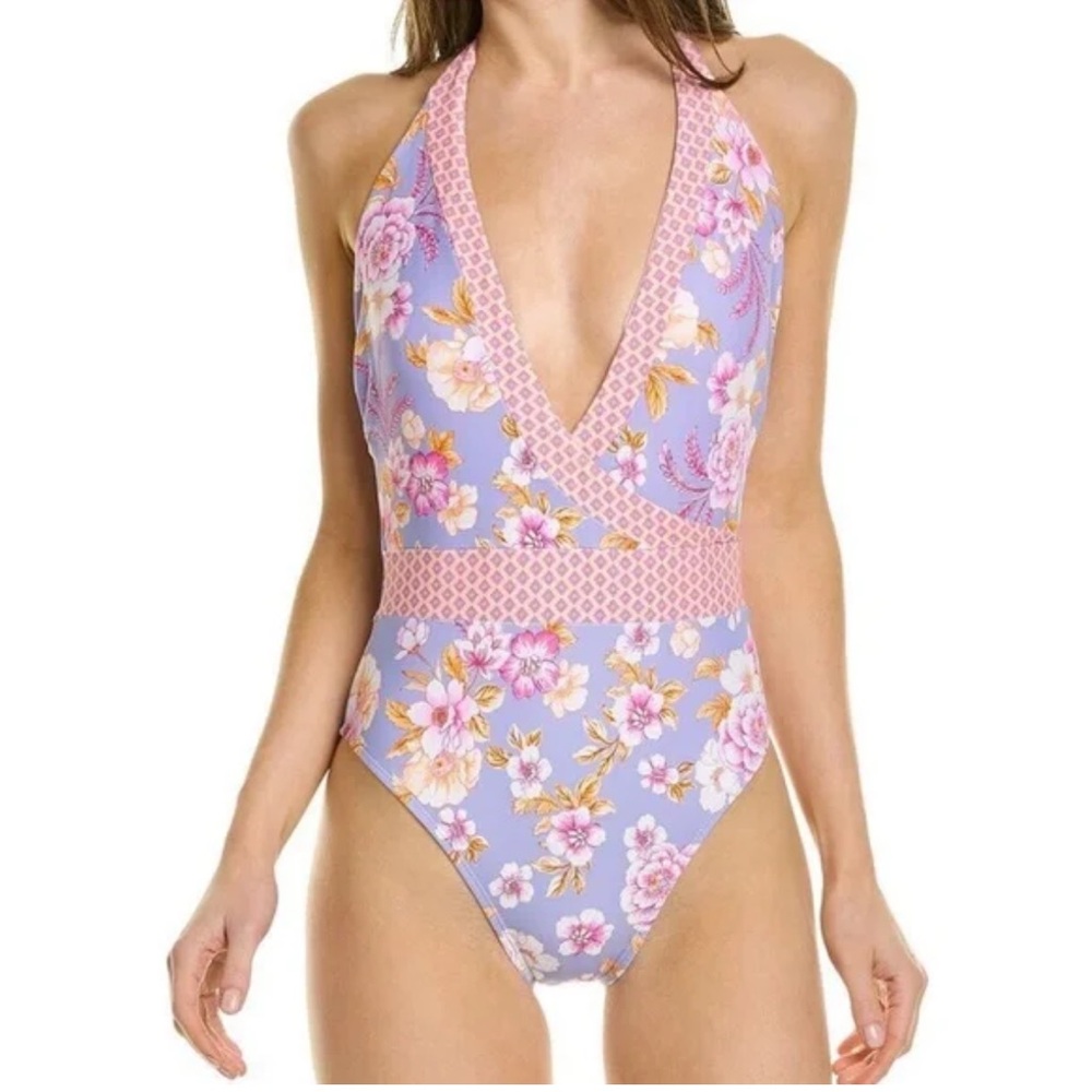 Nanette Lepore Lavender Floral One-Piece Swimsuit with Pink Trim